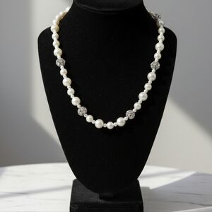 White Faux Pearl Rhinestone Disco Rondelle 17" + 3" Beaded Silver Tone Necklace